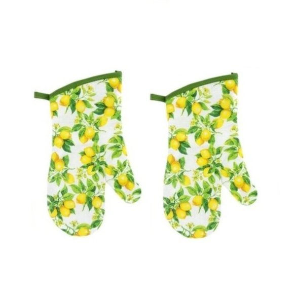 **(2) BUNDLE/LOT** Tuscan Lemon Themed Kitchen Oven Mitts Yellow White Green NWT - Picture 1 of 8